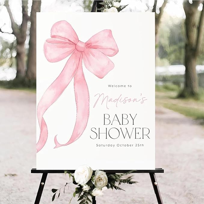 Personalized Pink Bow Baby Shower Welcome Sign, Custom Minimalist Bow Baby Girl Party Sign, Baby's Shower Gifts, Birthday Gifts, Gender Reveal Decorations, Newborn Announcement Party Supplies - 04