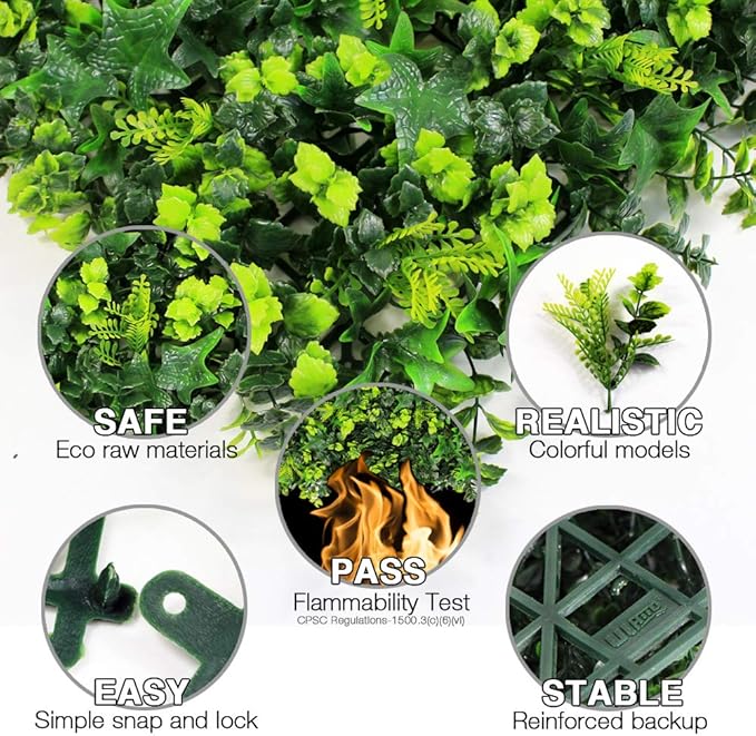 ULAND Artificial Grass Wall, 6pcs 20"x20" Faux Greenery Foliage Panels, Outdoor Green Plant Décor for Privacy Fence