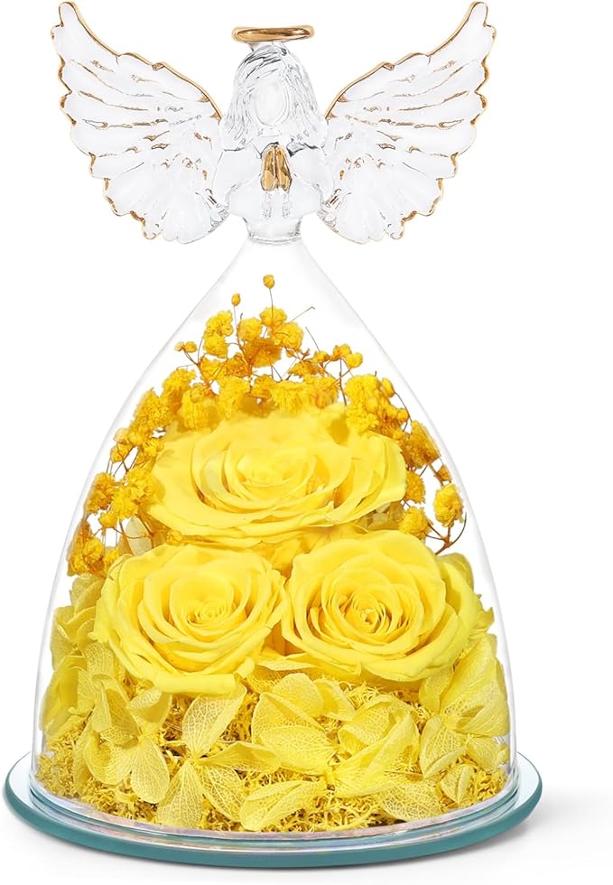 Preserved Flower Rose Gifts for Women, Forever Eternal Fresh Flowers in Glass Angel Figurines Flowers for Delivery Prime for Grandma Mom Sister Her Wife on Mothers Day Birthday Christmas