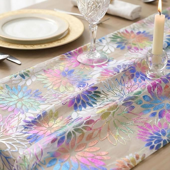Artoid Mode Multicolor Gold Dahlia Flower Gauze Table Runner 120 Inch 10FT, Glitter Metallic Foil Sheer Cheesecloth Dining Holiday Table Decor for Home Party