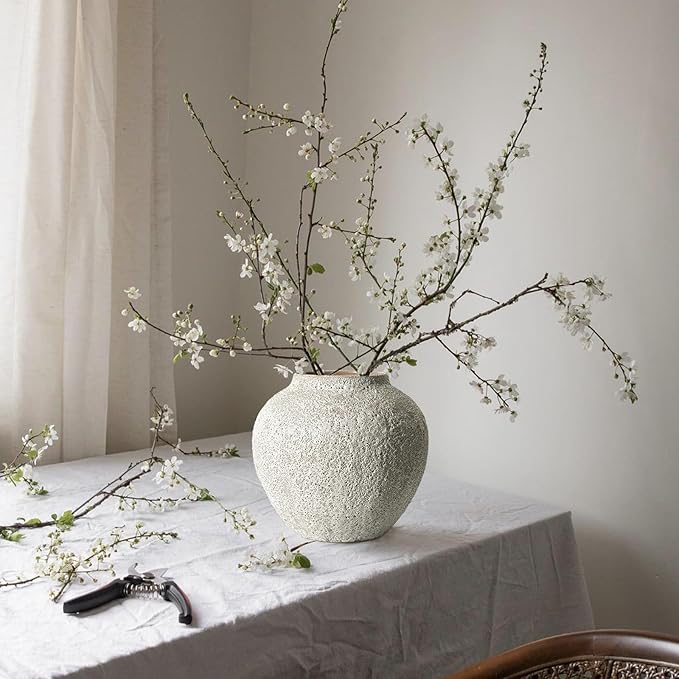 Rustic White Ceramic Vase Farmhouse Round Flower Clay Pottery Large Terracotta Floor Vases for Decorative Centerpiece Vintage Home Decor Aesthetic for Living Room Bedroom Table Entryway