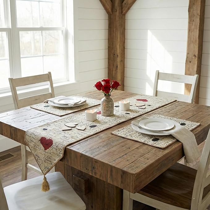 Tache Romantic Cursive Handwritten Love Letter Valentine Hearts Beige Table Runner - Vintage Farmhouse Woven Tapestry Kitchen Dining Dinner Linen Napery Cloth - 13 x 54 inches