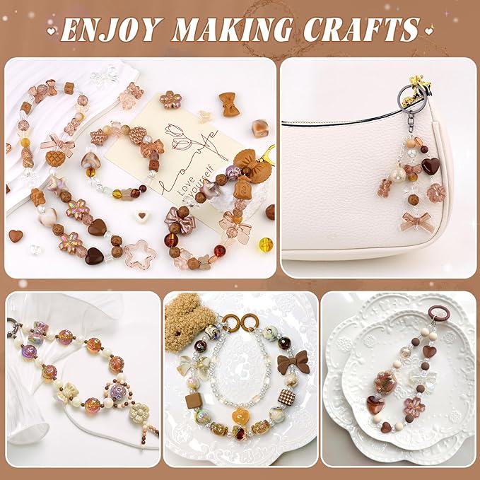 Assorted Acrylic Beads, 200-260PCS Brown Cute Beads for Bracelet Making, GummyBear Bow Flower Candy Kawaii Charms for Jewelry Making DIY Necklace Keychain Phone Charm Christmas Gift