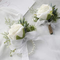 Floroom Ivory Rose Wrist Corsage Wristlet Band Bracelet and Men Boutonniere Set for White Wedding Flower Accessories Prom Suit Decorations