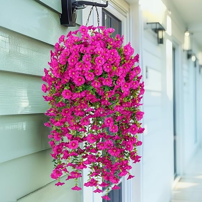4PCS Artificial Hanging Flowers for Outdoor Decor UV Resistant Fake Morning Glory Realistic Silk Spring Summer Hanging Plants for Porch Patio Balcony Yard (Fuchsia)