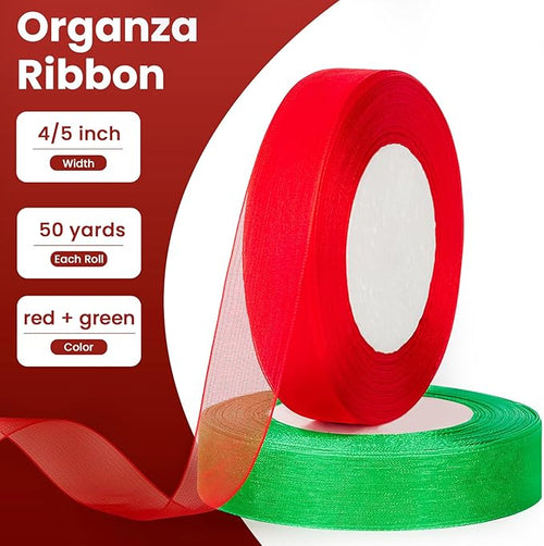 100 Yards Red & Green Sheer Organza Ribbons for Bow Making, Gift Wrapping, Christmas Decoration