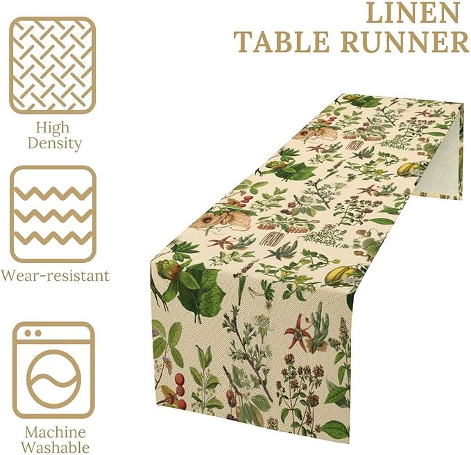 Vintage Botanical Table Runner Rustic Wildflower Plants Herbs Retro Boho Wild Floral Ferns Green Leaf Spring Summer Seasonal Dinner Runner for Home Kitchen Cabin Holiday Party Decor 13x60in