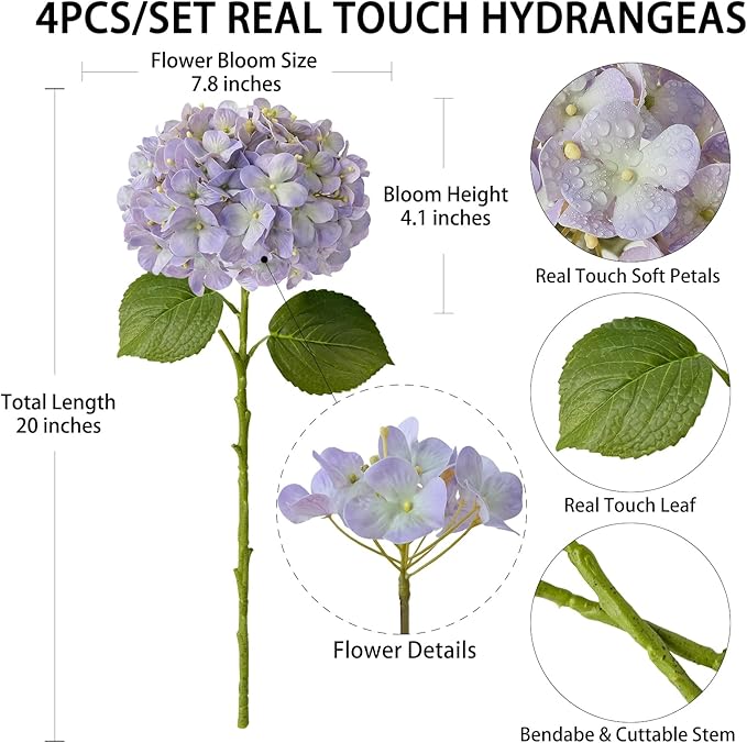 4 Pcs 20'' Real Touch Hydrangeas Artificial Hydrangeas Flowers Light Purple Faux Latex Lifelike Hydrangea for Kitchen Living Room Porch Home Decor Baby Shower Party Wedding Table Centerpiece