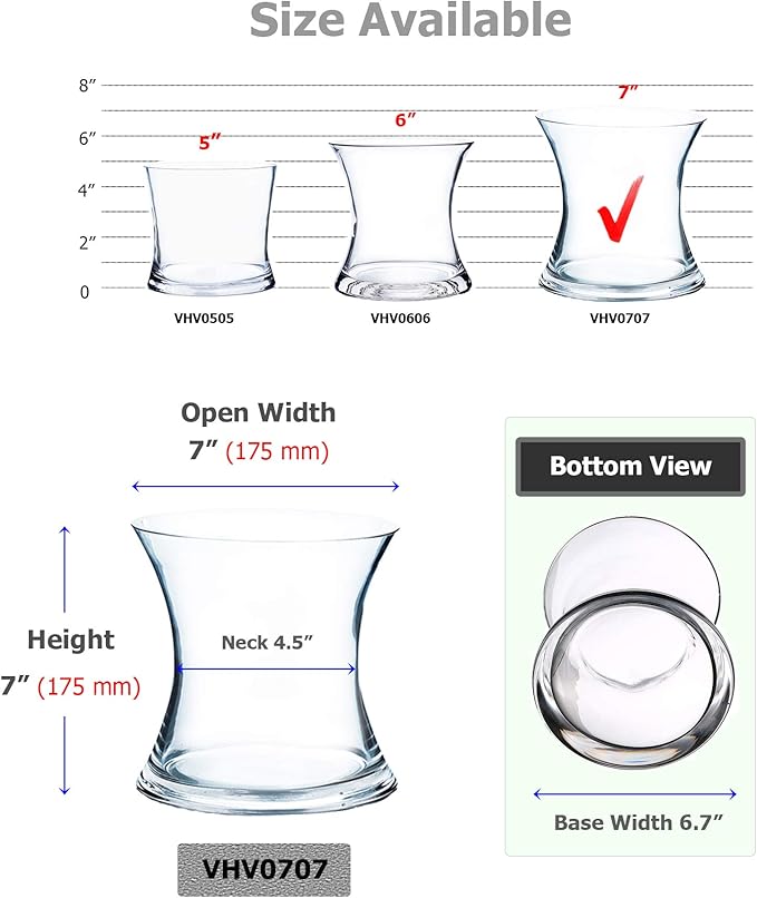 WGV Unique Bouquet Vase, 7" W, 7" H, Clear Short Hurricane Concaved Neiman Glass Floral Container, Home Wedding Event Decor, 1 Piece (VHV0707)