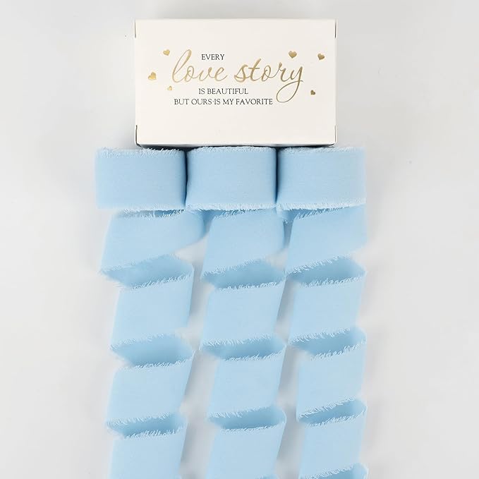 MEEDEE Light Blue Chiffon Ribbon 1 Inch Fringe Ribbons Baby Blue Chiffon Silk Frayed Edge Ribbon Thin Chiffon Ribbons for Crafts, Gift Wrapping, Wedding Invitation (3 Rolls 21 Yards)