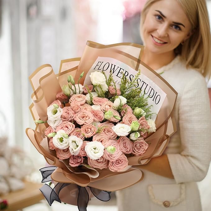 Rumvan Flower Wrapping Paper, 20 Sheets, Waterproof, Floral Bouquet Design, for Wedding, Birthday Gift, DIY Florist Supplies (coffee colour)