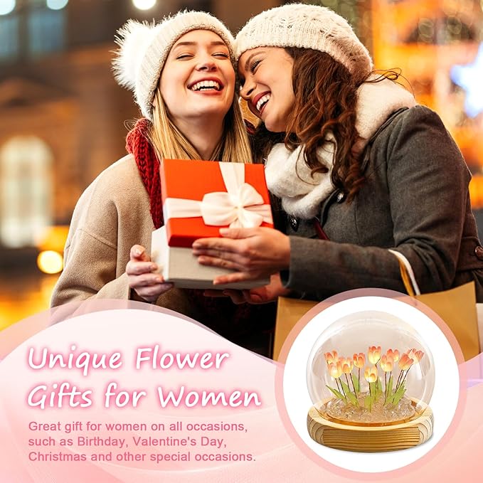 Tulips Lamp Gifts for Women, Tulips Artificial Flowers Night Light, Light Up Pink Tulip in Glass Dome for Bedroom, Unique Birthday Gifts for Women, Mom, Sister, Friends, Cute Home Decor