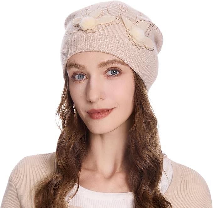 ZLYC Women Floral Slouchy Beanie Hat Double Layer Winter Knit Skull Cap