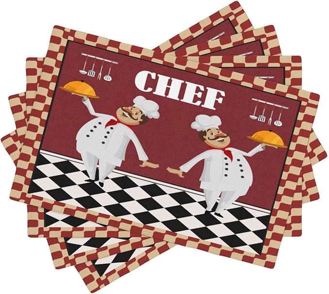 Chef Kitchen Linen Placemats Set of 4 Funny Fat Chef Red Plaid Placemats for Indoor Outdoor Party Home Desktop Dining Room Decor 12x18 Inch