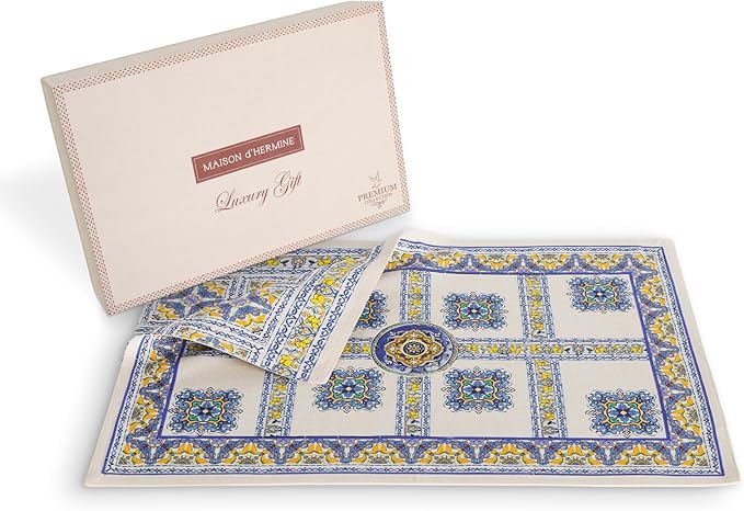 Maison d' Hermine Placemat 100% Combed Cotton Premium Cloth Placemats 13"x19" Washable Place Mats, Home, Kitchen, Dining, Cocktail Parties & Camping - Sciacca (Set of 4)
