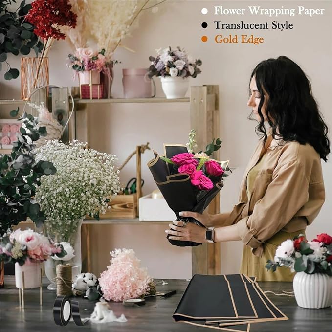 20 Sheets Flower Wrapping Paper,Black Floral Wrapping Paper Bouquet Kit with 100 Pcs Diamond Bouquet Pins 48Pcs 3D Gold Butterflies 1Roll Ribbon 10 Cards for Graduation Birthday Wedding DIY Craft