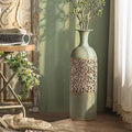 26.4" French Country Tall Metal Floor Vase – Decorative Green & White Geometric Cylinder Vase for Living Room, Entryway, or Hallway, Romantic Rustic Accent for Dried Flowers