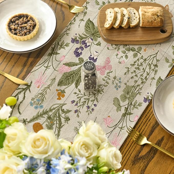 Artoid Mode Wood Wild Flowers Floral Spring Table Runner, Seasonal Summer Kitchen Dining Table Decoration for Home Party Decor 13x48 Inch