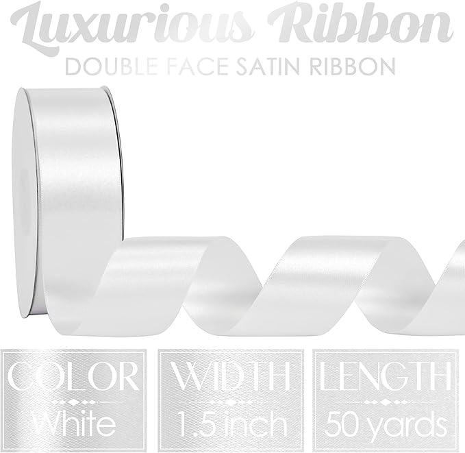 MEEDEE White Satin Ribbon 1-1/2 Inch White Ribbon Lux Double Faced Satin Ribbons by 50 Yards Polyester Satin Ribbons for Crafts, Weddings, Flower Bouquet, Holiday Decorating