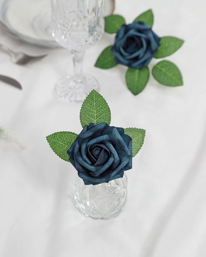 DuHouse 25Pcs Artificial Roses Flowers Fake Rose with Stems Real Touch Foam Flowers for DIY Wedding Bouquet Baby Shower Centerpiece Floral Arrangement Party Home Decor(Peacock Blue)