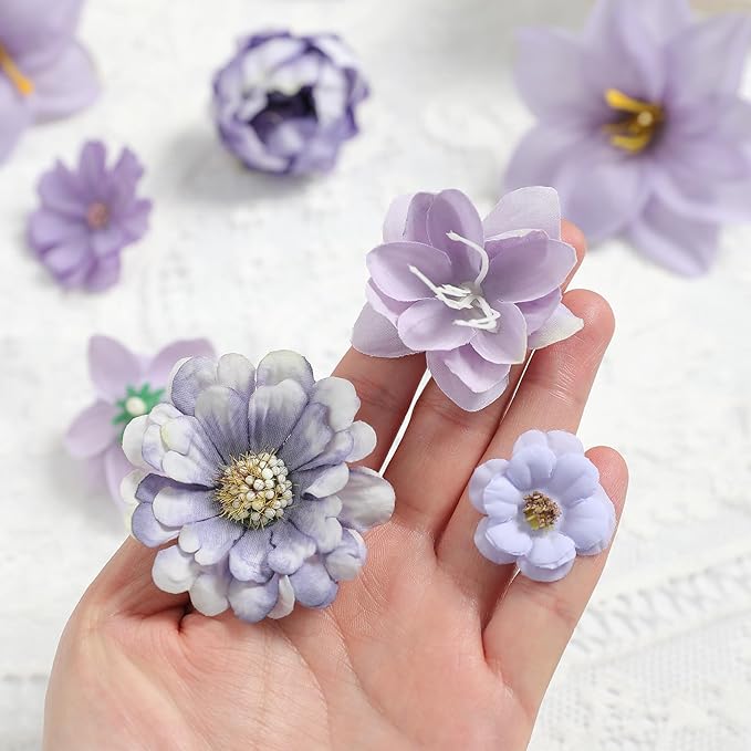Artificial Flowers Heads Combo Purple Flowers Mix Silk Flowers Dahlia Roses for Graduation Cap DIY Cake Wedding Party Floral Arrangement Table Centerpieces Home Decorations