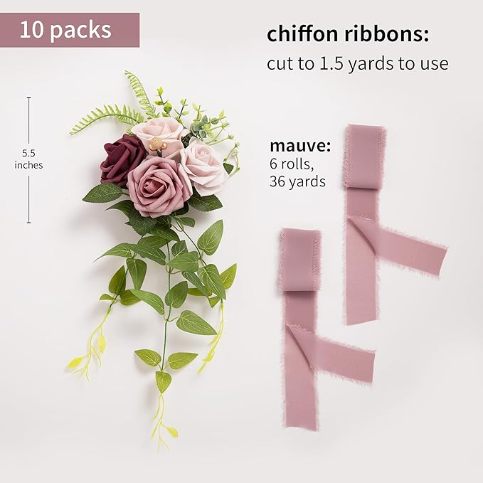 DORIS HOME Wedding Aisle Decorations Mauve Pew Flowers Set of 10 for Wedding Ceremony Party Chair Decor with Artificial Flowers Eucalyptus and Ribbons