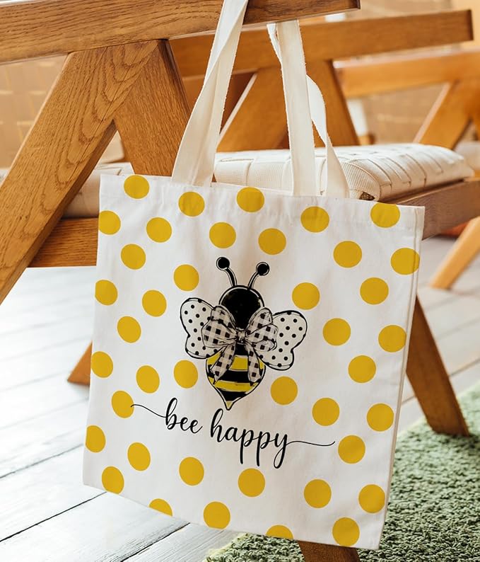 Bee Happy Canvas Tote Bag, Inspirational Bee Gifts for Women Bee Lovers, Summer Bee Tote Bag for Women, Reusable Grocery Bags Shopping Bags, White, 140GA-TTBA-sunmerbee