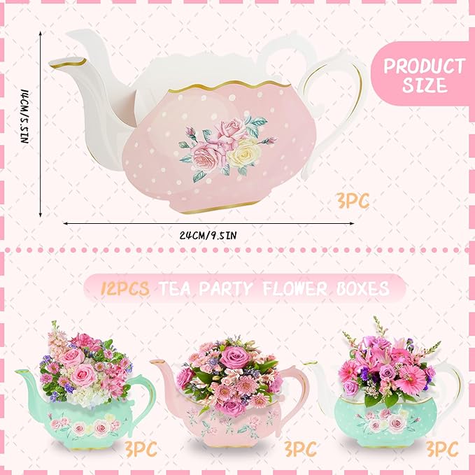 Floral Teapot Centerpiece 12Pcs Teapot Princess Flower Centerpieces Paper Tea Vase Boxes Teapots Favor Boxes Lets Par-Tea Supplies for Vintage Wedding Birthday Baby Shower Anniversaries