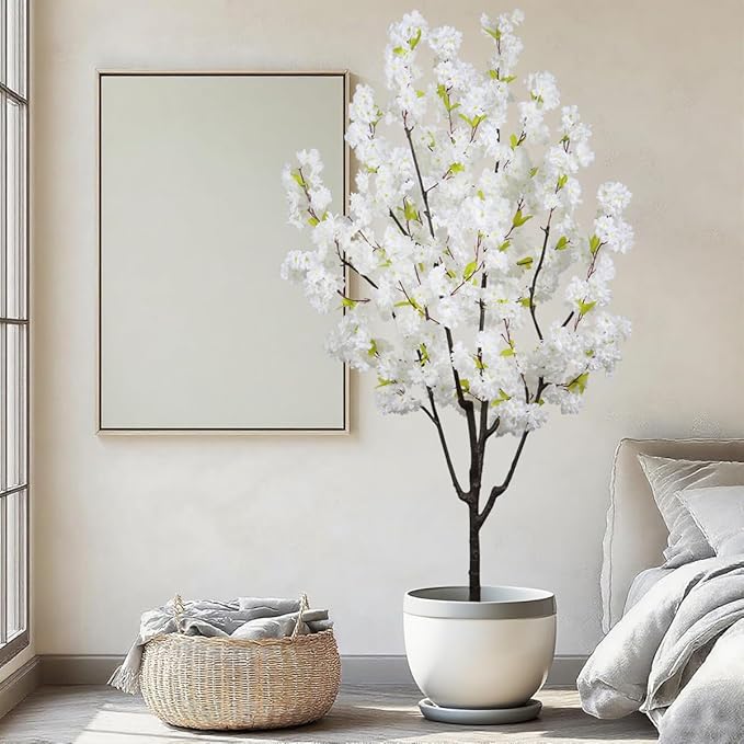 Indoor Faux Cherry Blossom Tree White Artificial Flower Tree, Artificial Cherry Blossom Tree 6 FT for Living Room Bedroom Decor Gift