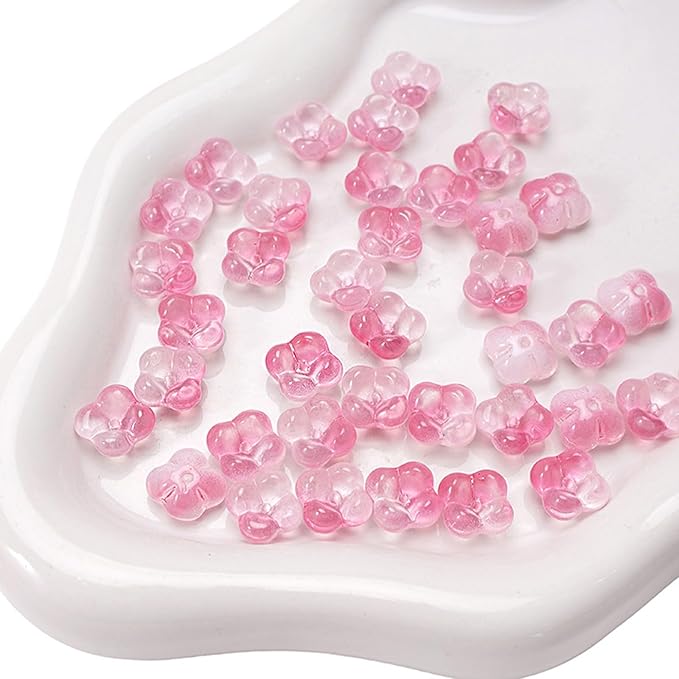 100PCS Glass Flower Beads for Jewelry Making 4 Petal Flower Bead Caps Gradient Cute Floral Beads Aesthetic Charms for Necklace Bracelets Earrings DIY Craft Home Decoration-Peachpink