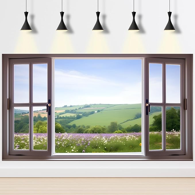 Window Scenery Photography Backdrop Open Window with View of Meadows and Fields Background Plants Flowers Background Party Banner Wall Decor Baby Kids Family Photo Shoot Props 6x4ft