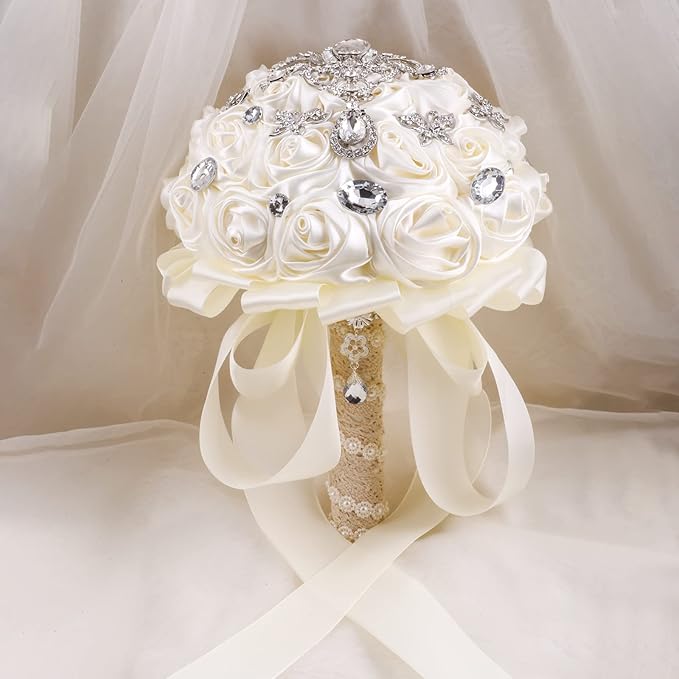 Handmade Brooch Wedding Flowers Bridal Bouquets Crystal Bride Holding Bouquet White Ivory Satin Roses with Diamond Pearl Ribbon (Luxury-White)