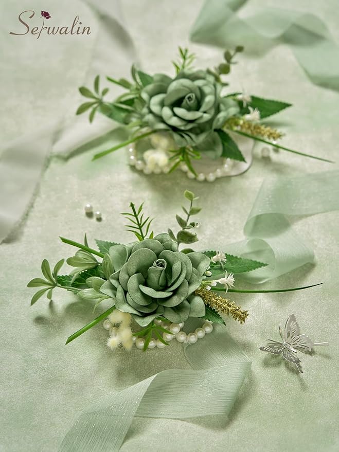 Serwalin Set of 2 Wrist Corsage for Wedding, 6-7inch Corsages Wristlet for Bridesmaid Mother Grandmother, Artificial Flowers for Prom Ceremony Anniversary, Green