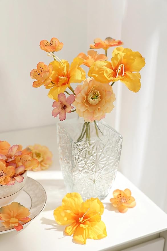 210Pcs Mini Fall Fake Flower Heads Orange Small Silk Faux Flower Heads Artificial Rose Daisy Multicolor Flowers Bulk for Cake Crafts DIY Graduation Cap Wedding Hair Dresses Wreath Party Home Decor