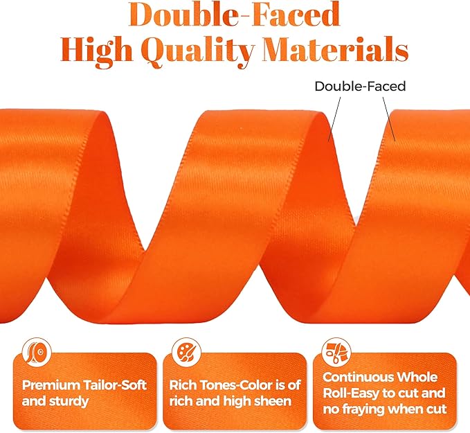 Orange Satin Ribbon, Double Faced 1 Inch X 50 Yards Orange Ribbon, Premium Satin Ribbons for Gift Wrapping, Crafts, Hair Bow Making, Sewing, Flower Bouquet, Wedding Party Decor