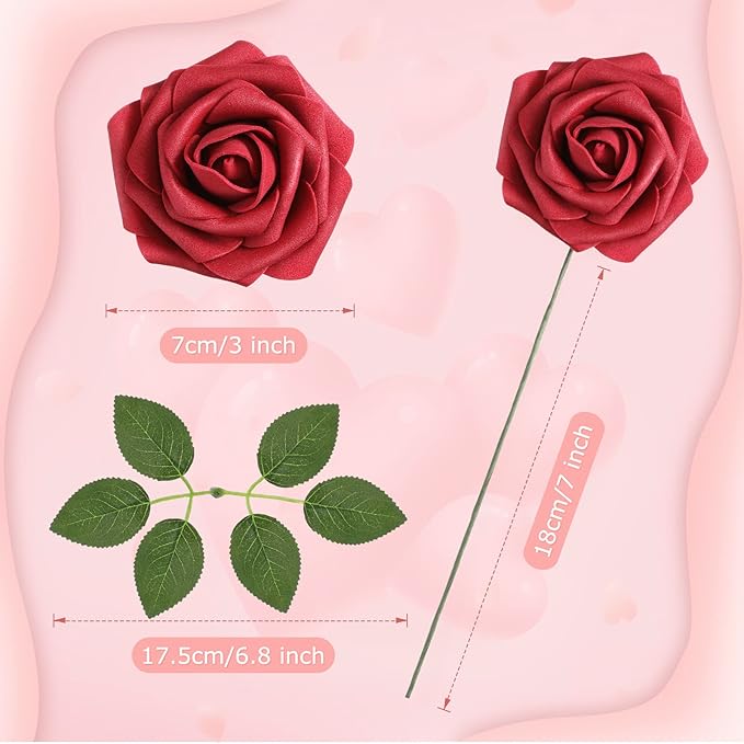 100 Pieces Artificial Foam Rose Flowers Faux Bouquet with Leaves and Stems for DIY Wedding Bouquets Centerpieces Bridal Shower Party Valentine Home Decorations(Burgundy)