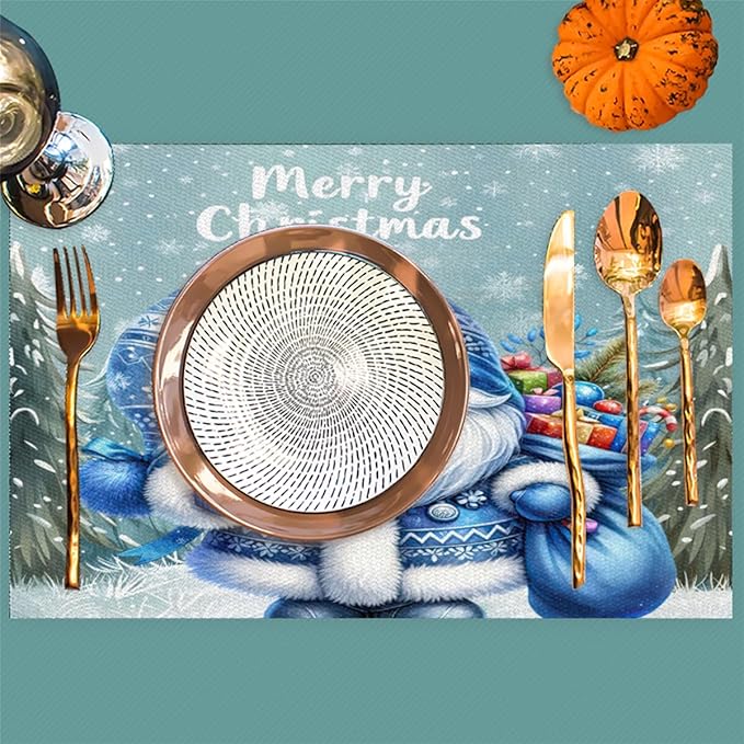Xmas Christmas Gnomes Bule Snowflake Placemats Set of 4 PVC Vinyl Non Slip Table Mats Heat Resistant Place Mats Washable Wipeable Dining Table Mat for Kitchen Party Indoor Outdoor Decorative Gift