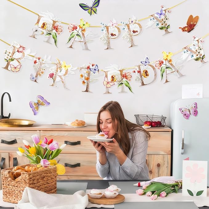 Flower Butterfly Happy Birthday Banner, Boho Groovy Floral and Butterflies Bday Sign, Wildflower Garden Party Decorations for Sweet 16 21st 30th 40th 50th 60th 70th Birthday Party