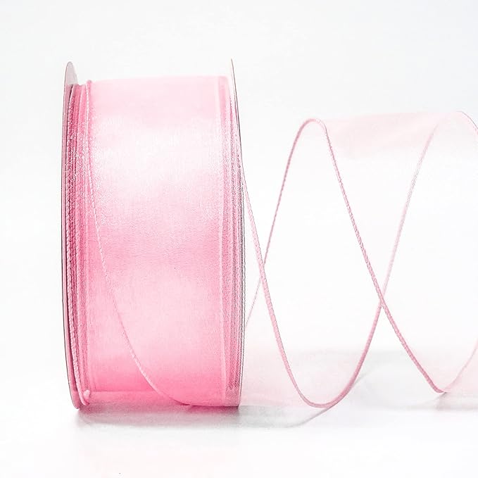CT CRAFT LLC Sheer Organza Wired Ribbon 2.5" x 50Yards Pink for Wedding Chair Bow Flora Bouquet Gift Wrapping Christmas Tree Home Decor Wreath