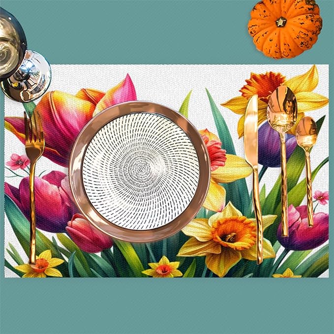 Spring Beautiful Flower Placemats Set of 4 PVC Vinyl Non Slip Table Mats Waterproof Heat Resistant Place Mats Washable Wipeable Dining Table Mat for Kitchen Party Indoor Outdoor Decorative