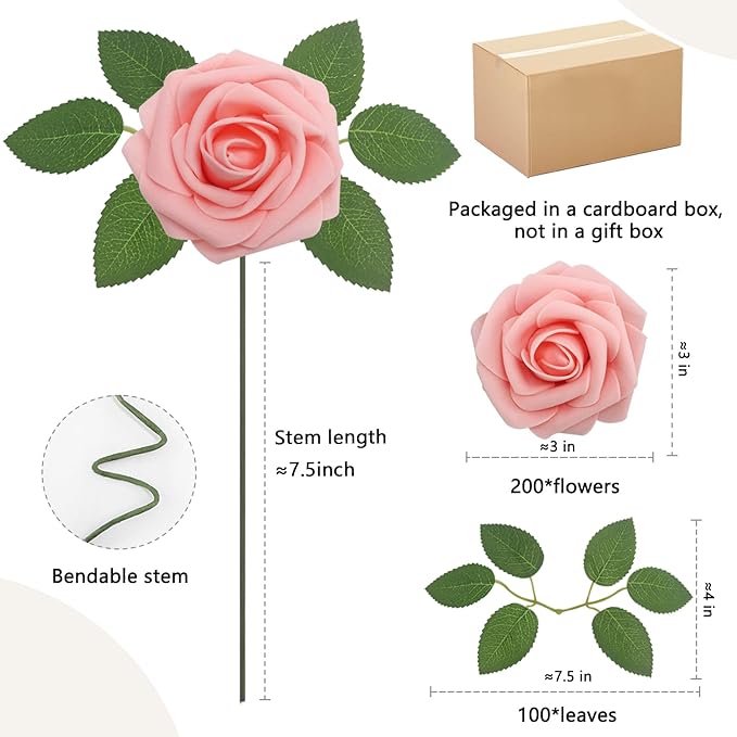 200PCS Artificial Flowers Pink Roses Real Looking Foam Fake Roses with Leaves for DIY Wedding Bouquets Bridal Shower Party Decorations (Pink, 200)