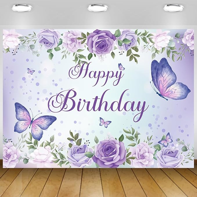 Purple Butterfly Birthday Banner Backdrop for Women Girl (59x36 inch) Purple Happy Birthday Decorations Banner for Women Rose Flowers Butterfly Backdrop Decortions for Girl