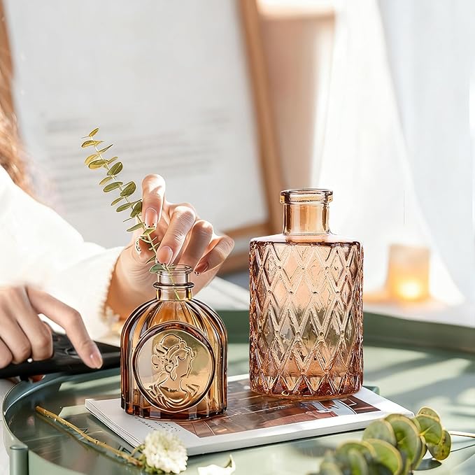 Bud Vases Set of 12, Small Mini Glass Vases for Centerpieces - Elegant Vintage Style - Perfect for Table Decor, Wedding, Party Centerpieces - Great Gift for Home Decor Lovers (Amber)