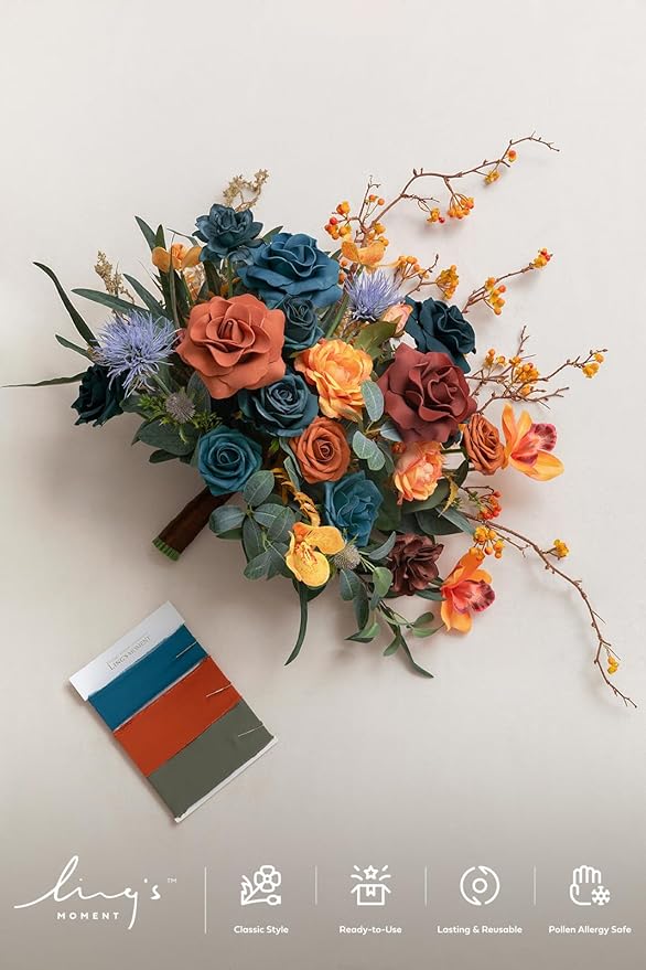 Ling's moment Teal Bridal Bouquet, Burnt Orange Wedding Bouquets for Bride, 15 Inch Silk Free Form Bridal Bouquets Artificial Wedding Flower Bouquet