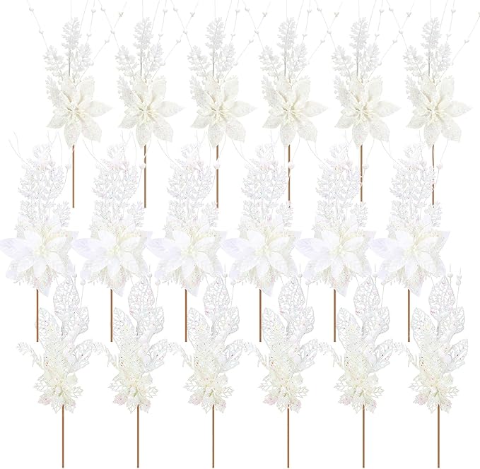 18 Pack 3 Styles 17 Inch Christmas Glitter Poinsettia Berry Stems Ornaments Artificial Floral Branches Picks for Christmas Tree Home Vase Holiday Party Decor(White)