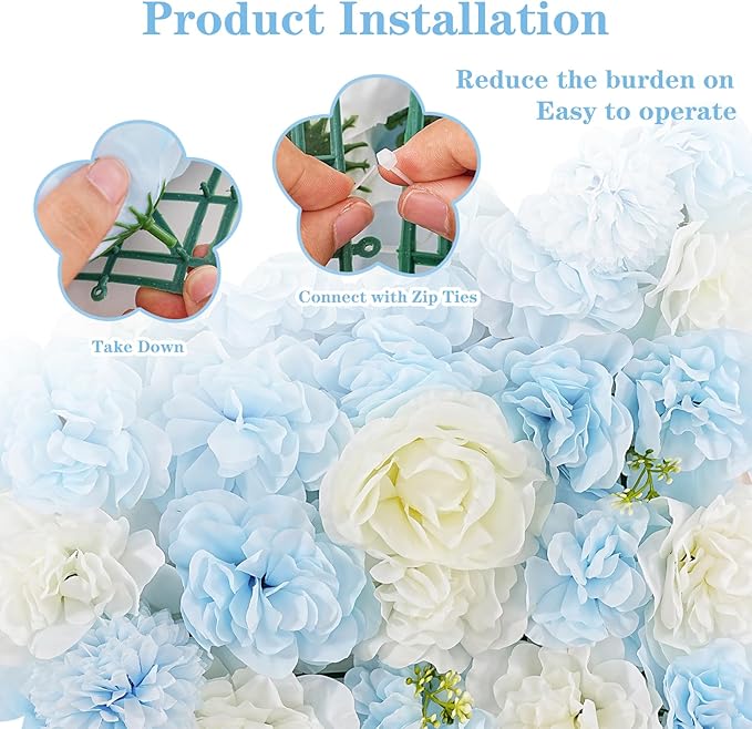 Blue Backdrop Artificial Flower Wall: 12 Packs 15x15 Inches Photo Backdrop Panels Silk Flower Wall for Wedding Party Baby Bridal Shower