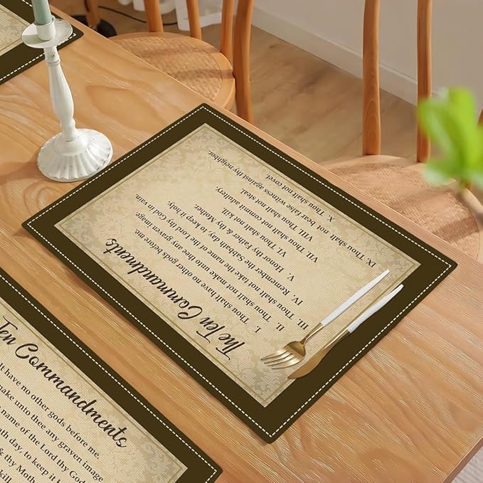 10 Commandments Placemats Set of 6, Ten Commandments Christian Religious Bible Verse Place Mats Washable Double-Sided Table Mats for Kitchen Dining Room Home Party Indoor Decor 6 PCS 12x18 Inch
