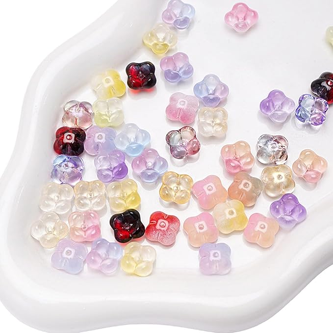 100PCS Glass Flower Beads for Jewelry Making 4 Petal Flower Bead Caps Gradient Cute Floral Beads Aesthetic Charms for Necklace Bracelets Earrings DIY Craft Home Decoration-Colorful