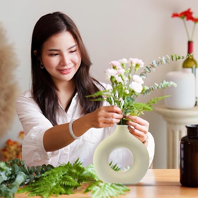 White Ceramic Vase Set of 2, Modern Vases for Centerpieces, Round Matte Donut Vase for Fresh Cut Flowers, Living Room, Console Table, and Spring Decor