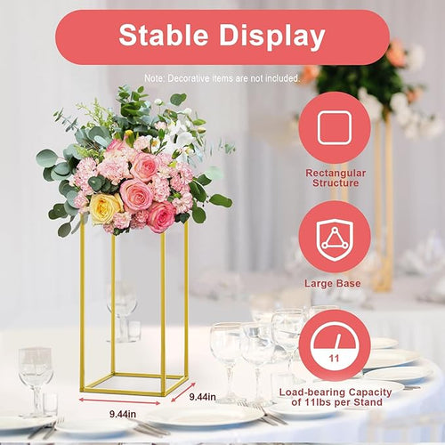 10Pcs Gold Wedding Flower Stands, Metal Column Flower Holder Gold Flower Centerpieces Stands Wedding Metal Centerpieces Rectangular Vase for Wedding Decorations Party Event (10Pcs 23.62in)